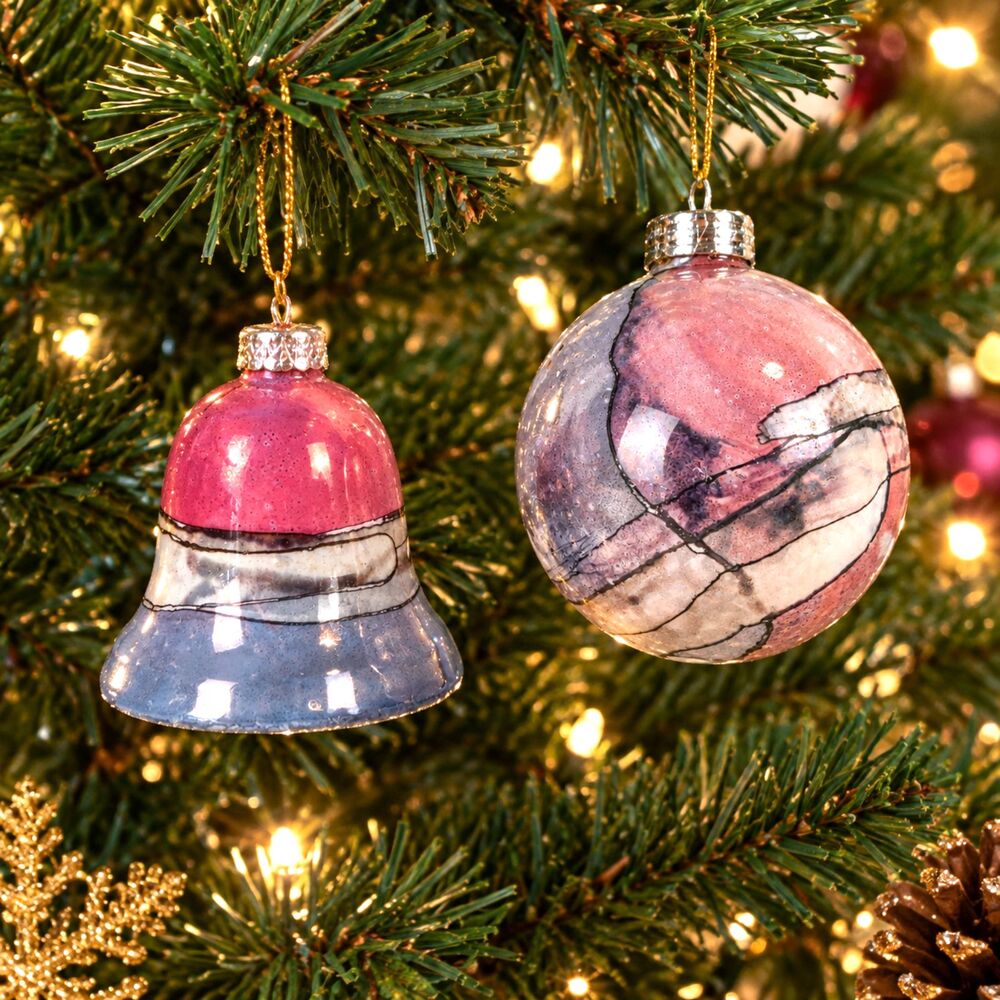 Hand Painted Abstract Art Porcelain Holiday Ornaments (2) Bell Ball